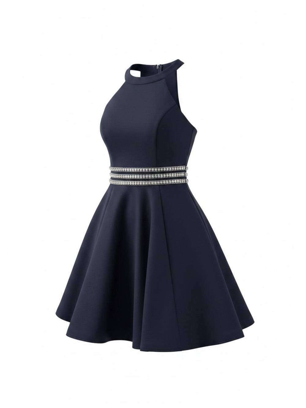 Emerald Sundae Navy Halter Fit-and-Flare Dress with Pearl & Rhinestones Waist